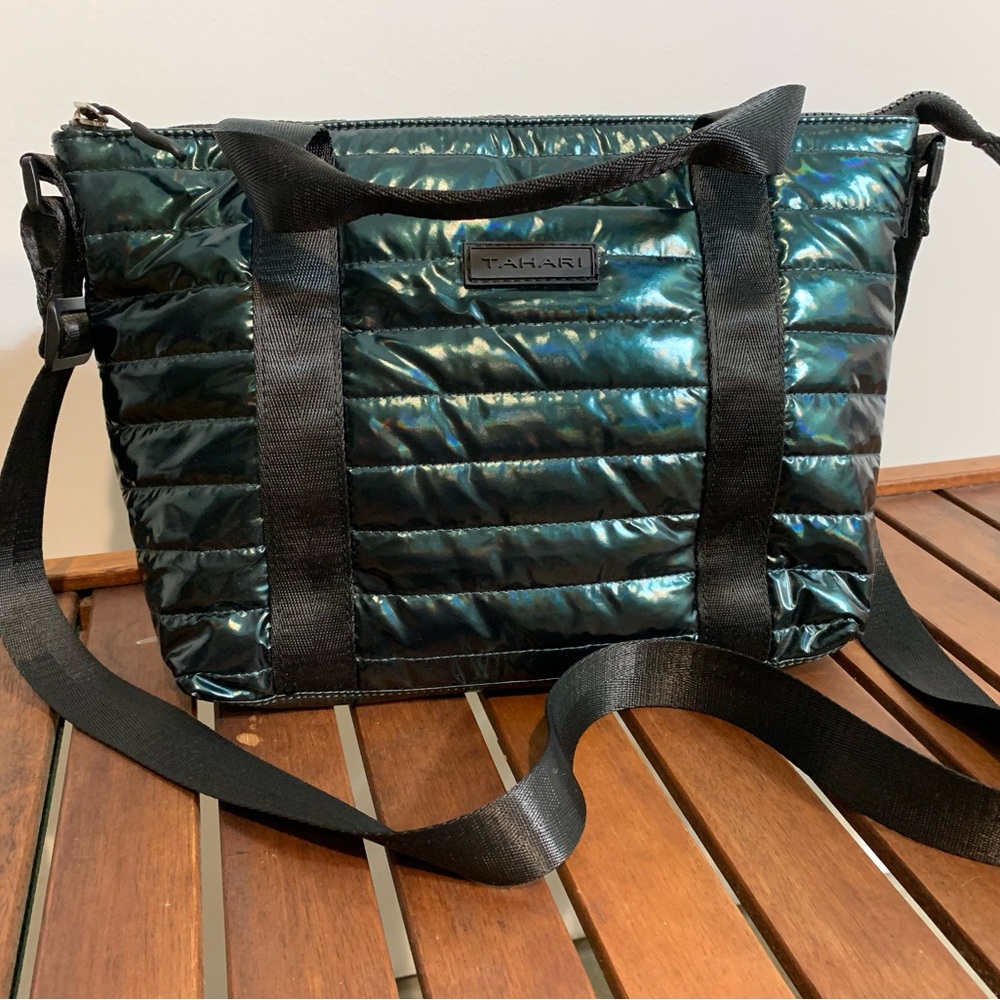 Tahari Iridescent Teal Mermaid Quilted Wooster Bag Puffer Aquamarine NWOT
